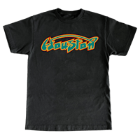 a black t - shirt with a colorful logo on it